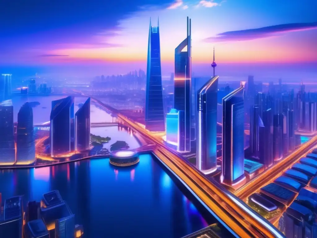 Futurista ciudad nocturna con tecnología, finanzas y energía renovable Ciudad futurista al anochecer con rascacielos tecnológicos, financieros y energía renovable