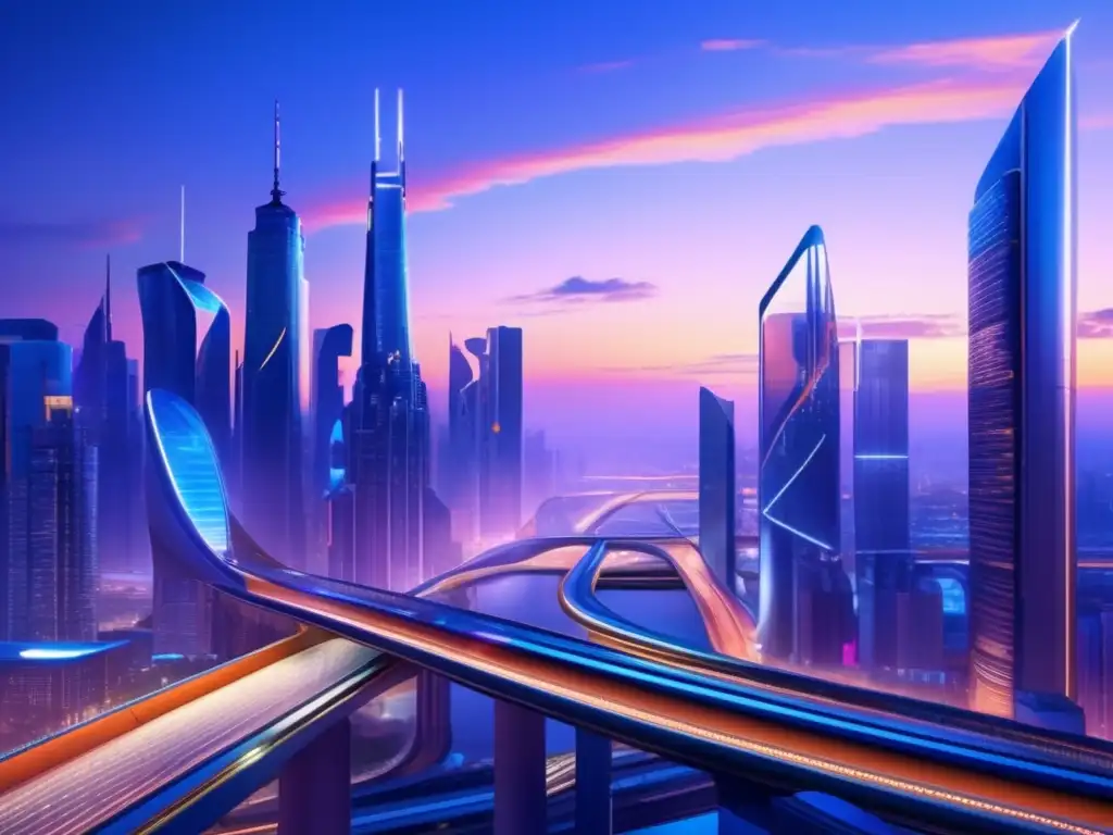Ciudad futurista con rascacielos y transporte moderno Ciudad futurista con rascacielos, transporte hightech y arquitectura sustentable