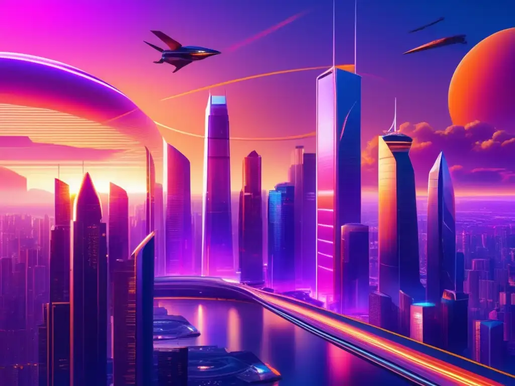 Futurista ciudad con rascacielos y tecnología avanzada Ciudad futurista con rascacielos y vehículos voladores - Inversiones criptomonedas a largo plazo