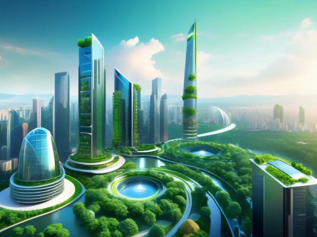 Futuro urbano sostenible Ciudad futurista con rascacielos verdes - Inversiones responsables ESG: educación financiera