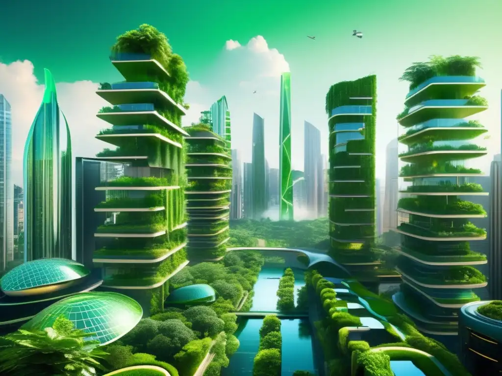 Ciudad futurista con rascacielos verdes Ciudad futurista con rascacielos de vegetación, jardines verticales, energía solar y cascadas
