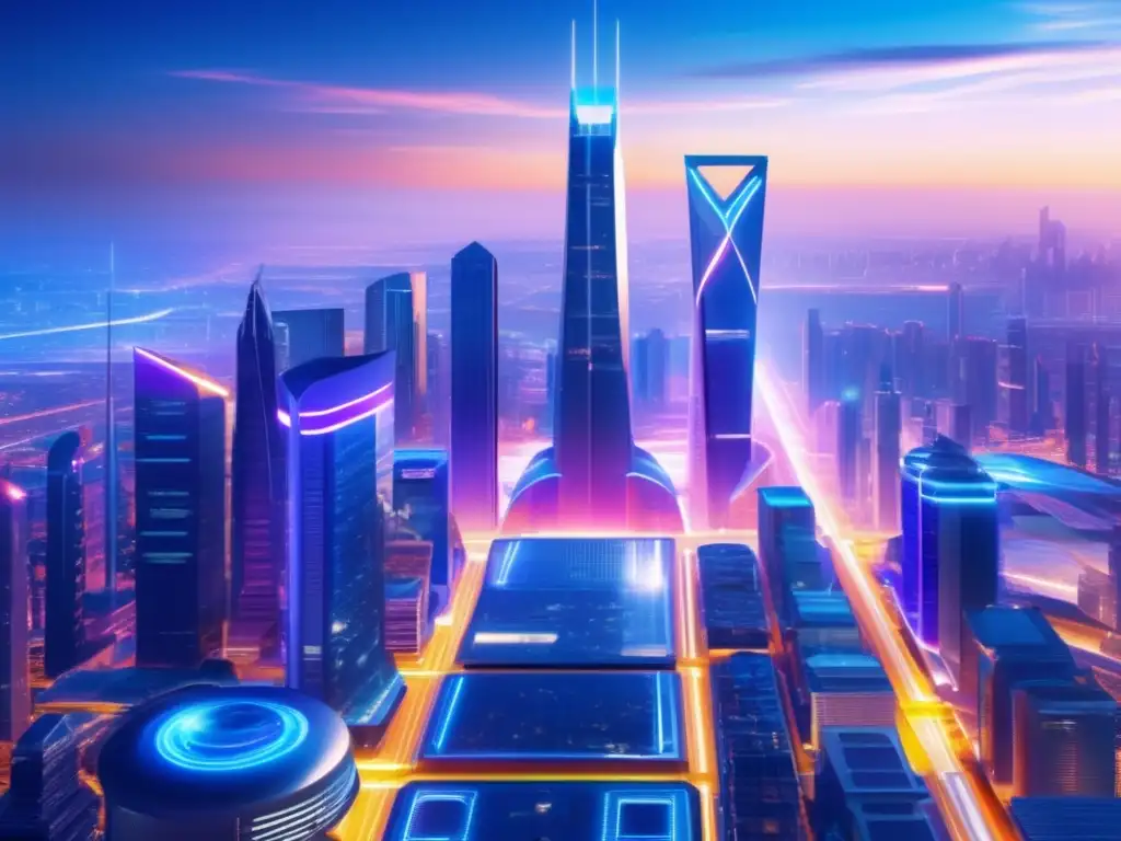 Ciudad futurista vibrante y próspera Ciudad futurista con rascacielos vibrantes y oportunidades de inversión: Estrategias de diversificación financiera