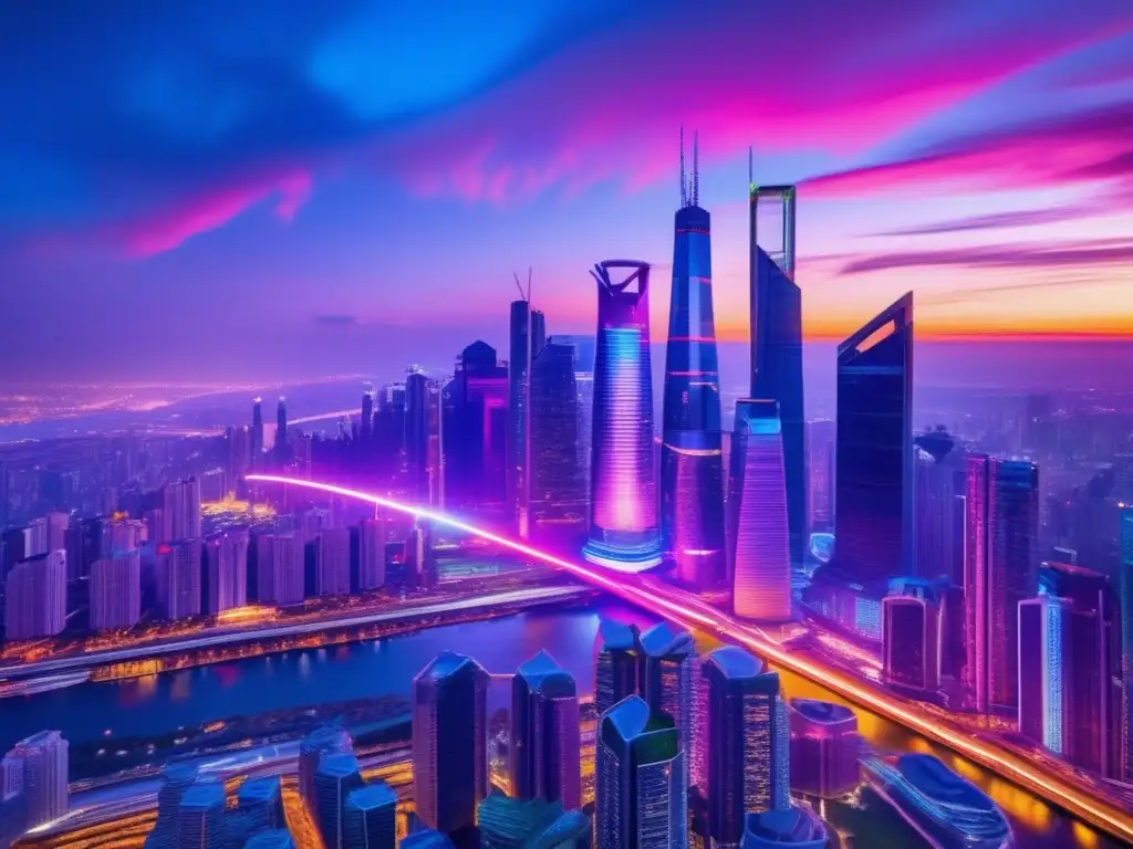 Ciudad futurista con rascacielos, IA y luces neón Ciudad futurista con rascacielos de vidrio y acero, iluminados por luces de neón
