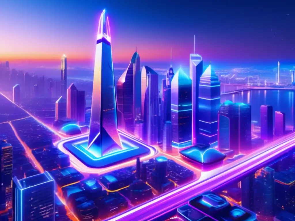 Futurista ciudad Ethereum: innovación y progreso Una ciudad futurista con rascacielos de vidrio y acero, iluminada por luces de neón