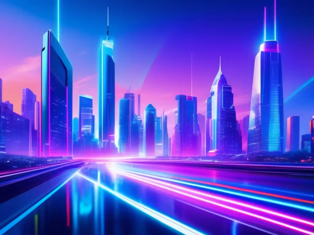 Ciudad futurista con rascacielos de cristal y luces neon Ciudad futurista con rascacielos de vidrio, luces neón y coches voladores