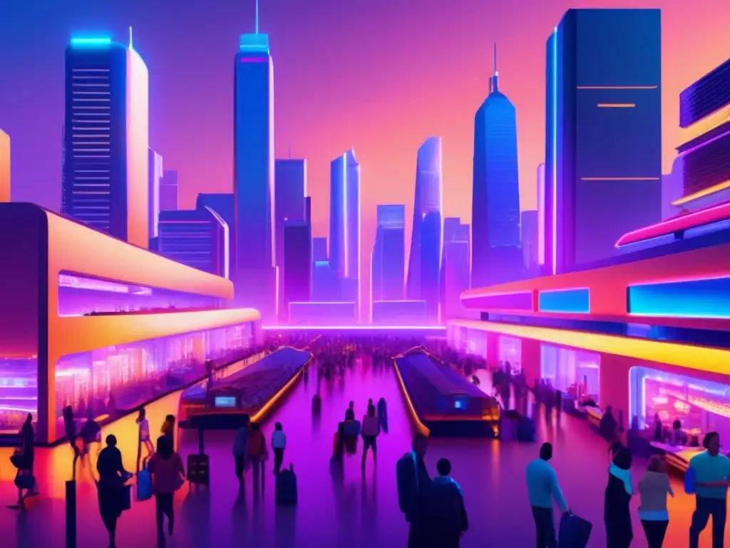 Ciudad futurista con rascacielos y mercado tecnológico Ciudad futurista con rascacielos de vidrio y metal, iluminada por luces de neón, con mercado financiero y tecnología avanzada