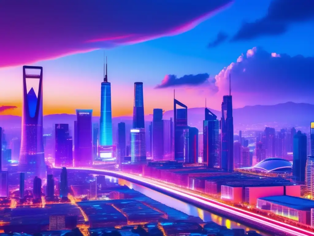 Ciudad futurista de rascacielos brillantes Ciudad futurista con rascacielos de vidrio y acero, iluminada por luces de neón