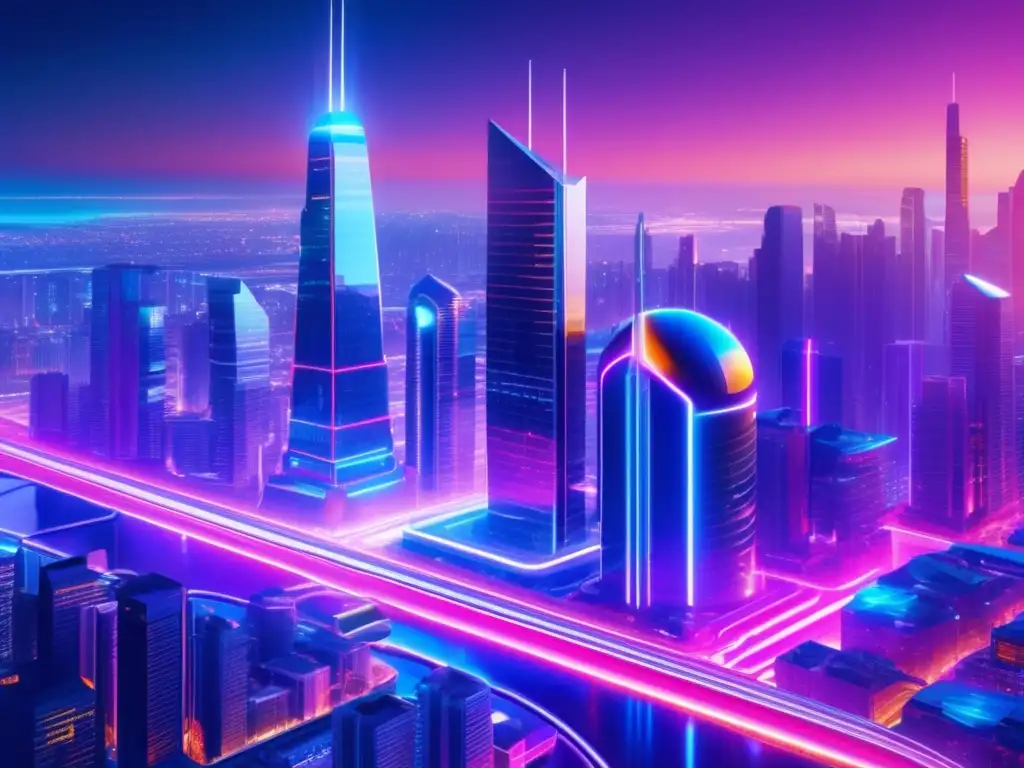 Ciudad futurista con rascacielos y criptomonedas Ciudad futurista con rascacielos de vidrio y metal, iluminados por luces de neón