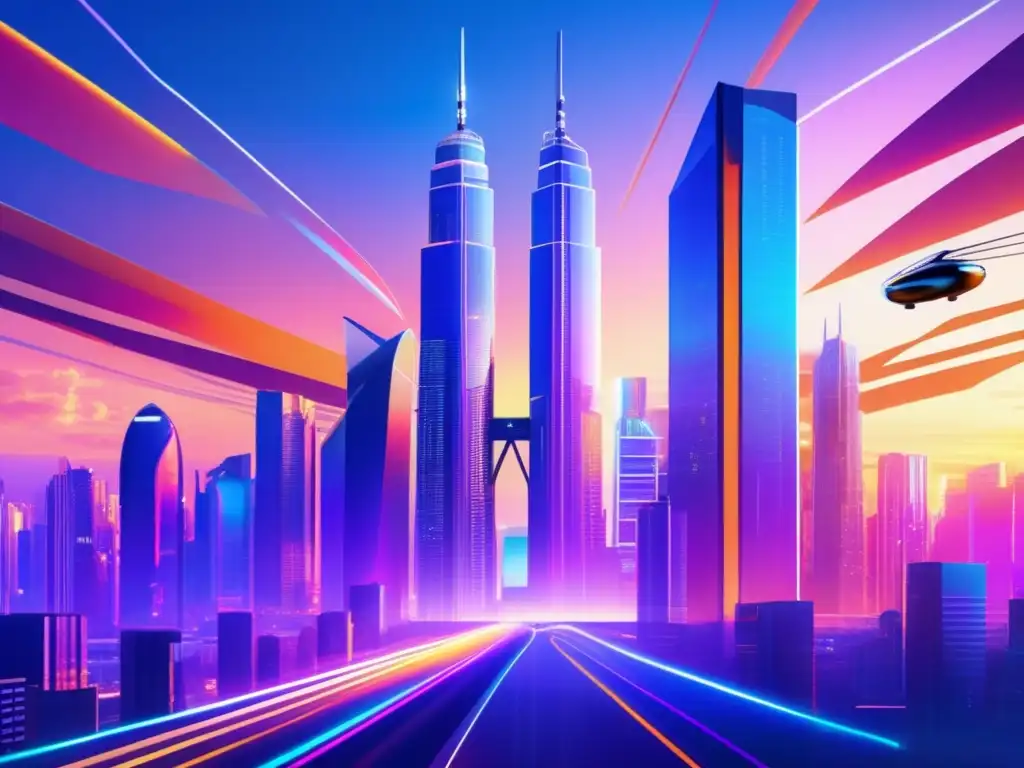 Futurista ciudad inteligente con tecnología avanzada Ciudad futurista con rascacielos de vidrio y acero, iluminados con colores vibrantes y patrones intrincados