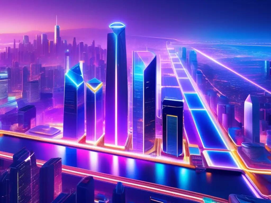 Futurista ciudad con rascacielos, plataformas y NFT Ciudad futurista con rascacielos de vidrio y acero