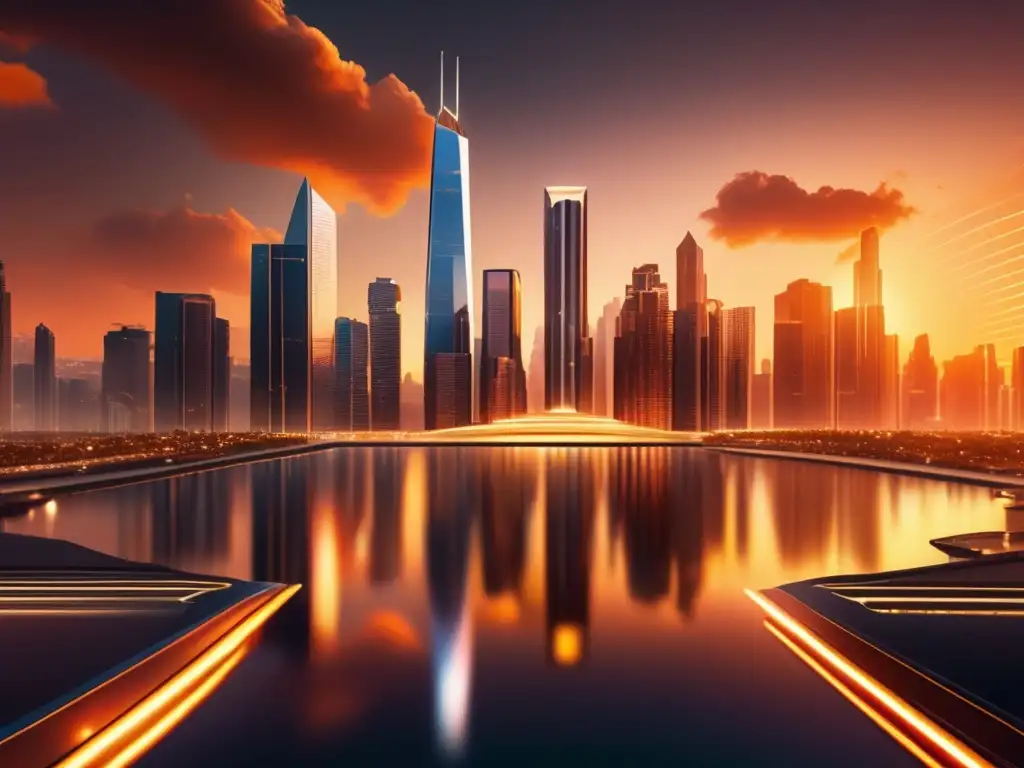 Futuro ciudad con rascacielos y profesionales Ciudad futurista con rascacielos de vidrio reflectante y atardecer dorado