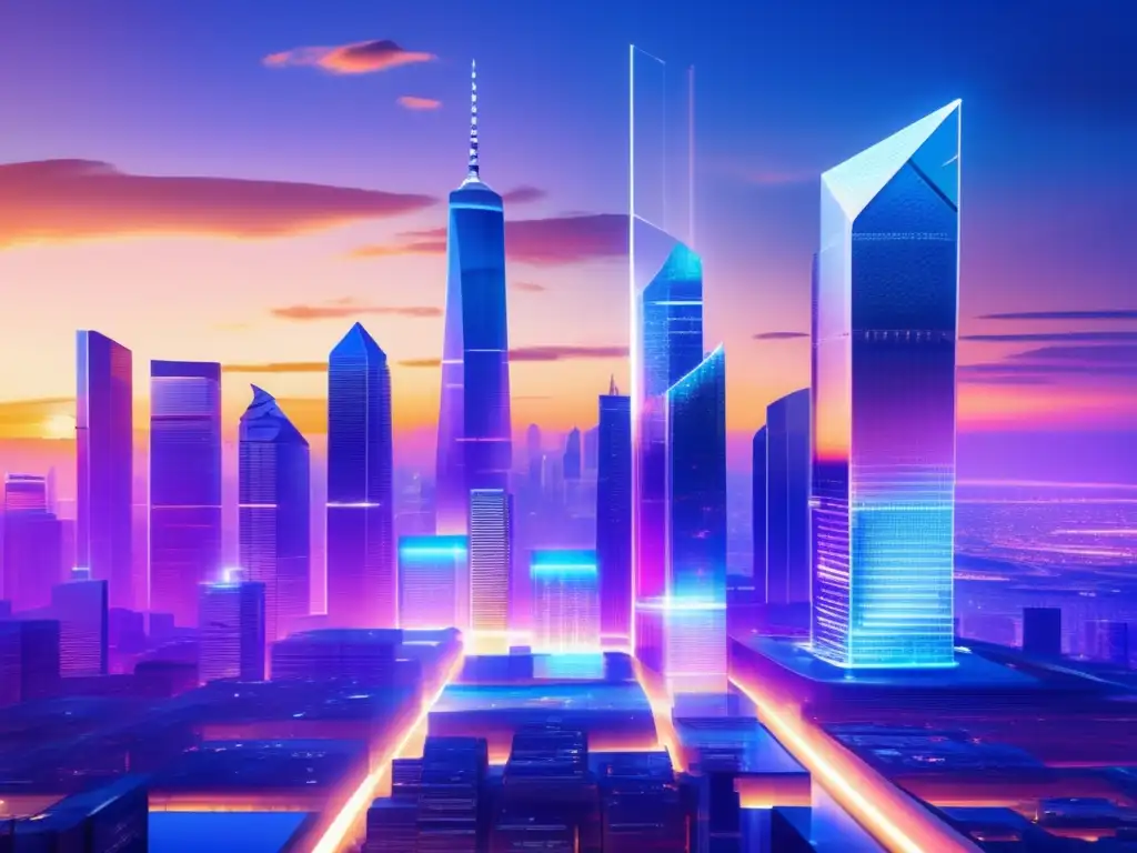 Futurista ciudad blockchain al atardecer Ciudad futurista con rascacielos de vidrio y acero, proyecciones holográficas de blockchain y personas realizando transacciones de criptomonedas