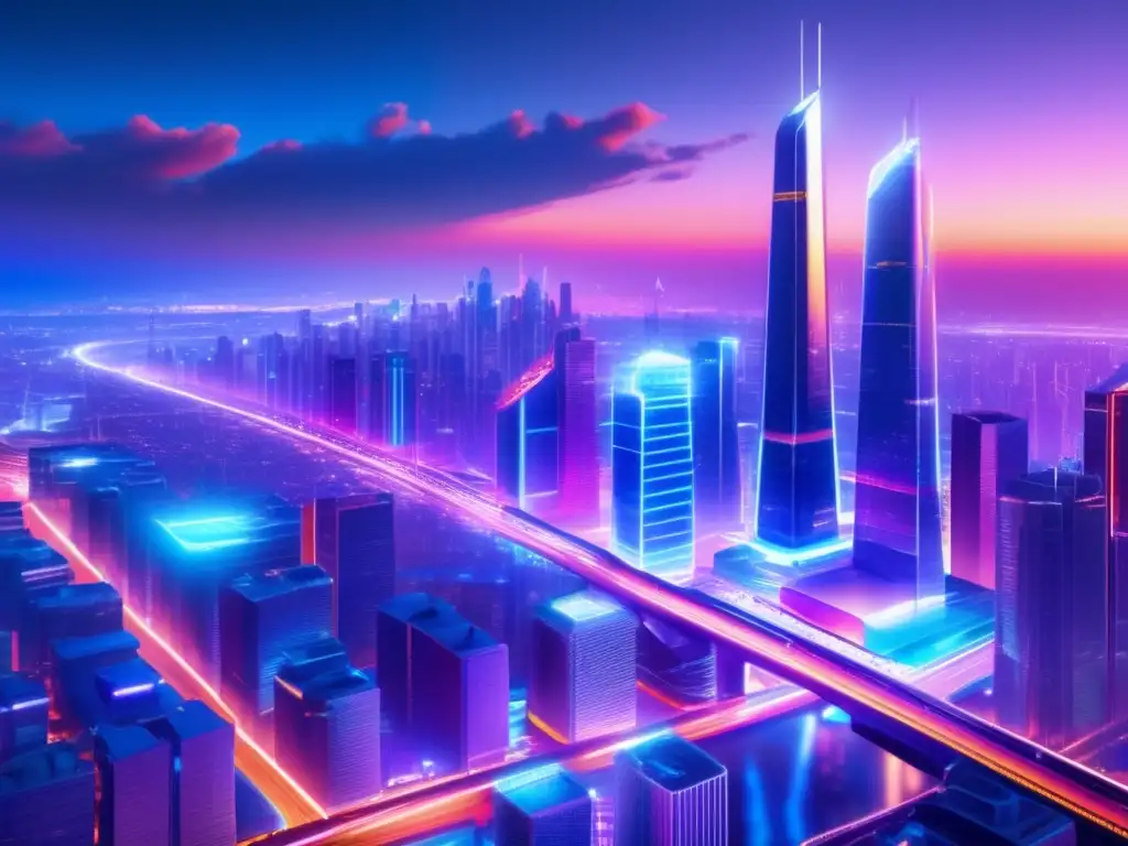 Ciudad futurista con rascacielos de vidrio y acero, iluminada por luces de neón