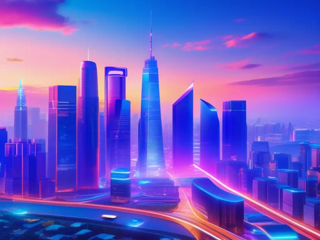 Futuro financiero y tecnológico Ciudad futurista con rascacielos de vidrio y hologramas de datos bursátiles