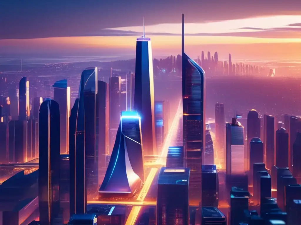 Futuro metrópolis tecnológica con rascacielos de cristal y acero Ciudad futurista en 8k con rascacielos de vidrio y acero, gente en movimiento, coches voladores y parques verdes