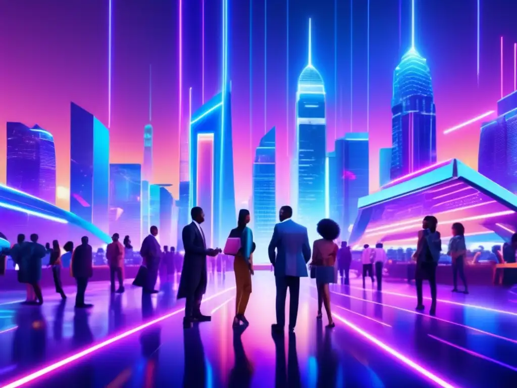 Revolución Fintech Open Banking en una ciudad futurista con rascacielos de vidrio y acero iluminados por luces de neón, rodeada de redes de datos