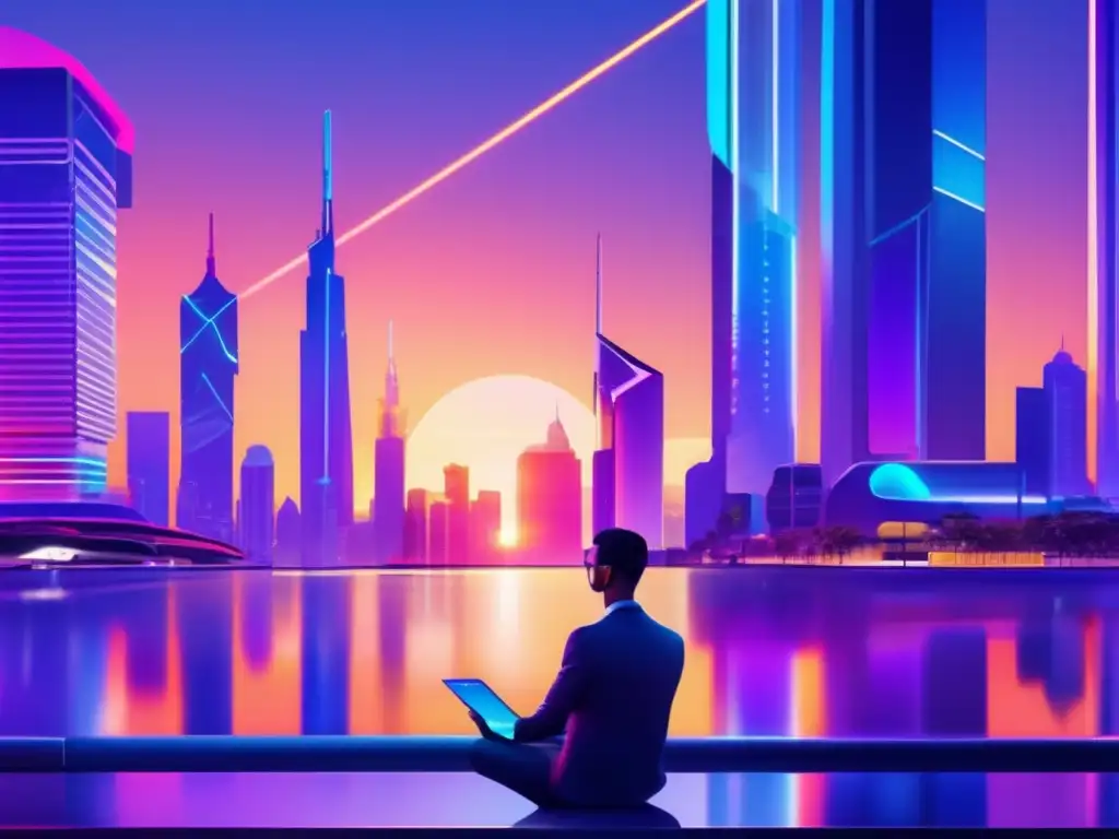 Futuro de la jubilación con Roboadvisors Ciudad futurista con rascacielos de vidrio reflejando el atardecer y actividad urbana