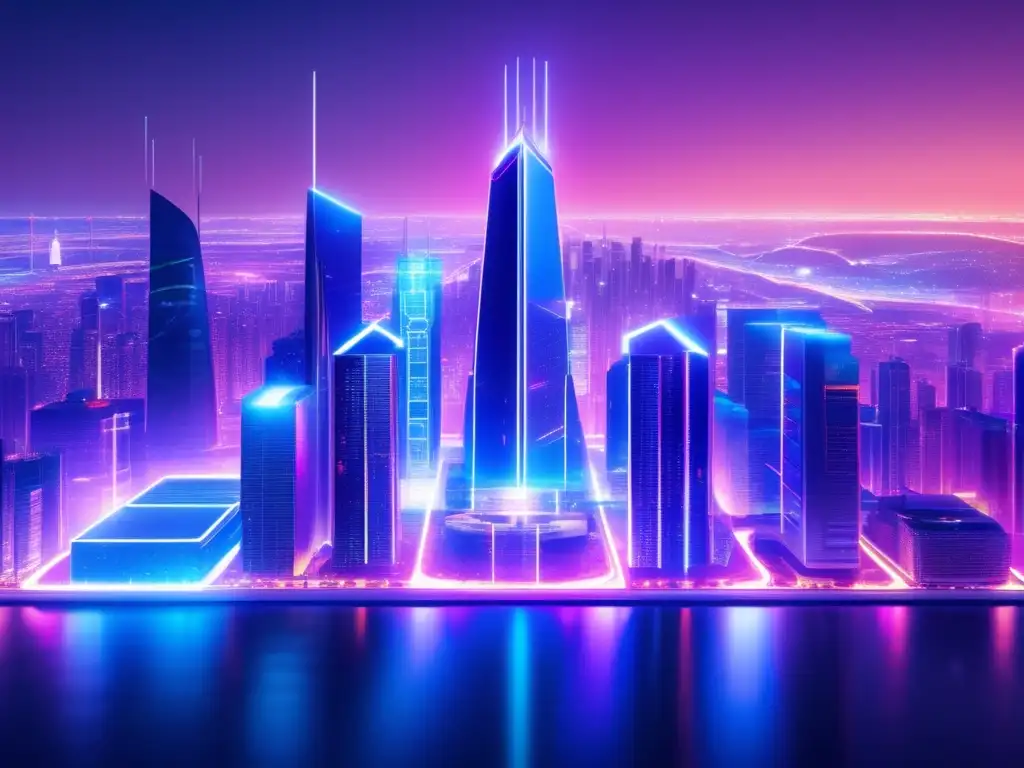 Futuro digital: Ciudad con rascacielos, blockchain y DeFi Ciudad futurista con rascacielos de vidrio y acero, luces neón vibrantes y nodos blockchain interconectados