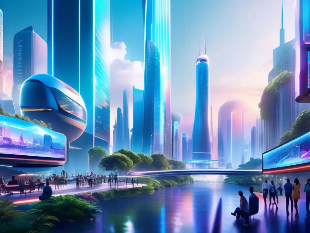 Futurista ciudad de vidrio y acero con tecnología avanzada Ciudad futurista con rascacielos de vidrio y acero, hologramas y naturaleza