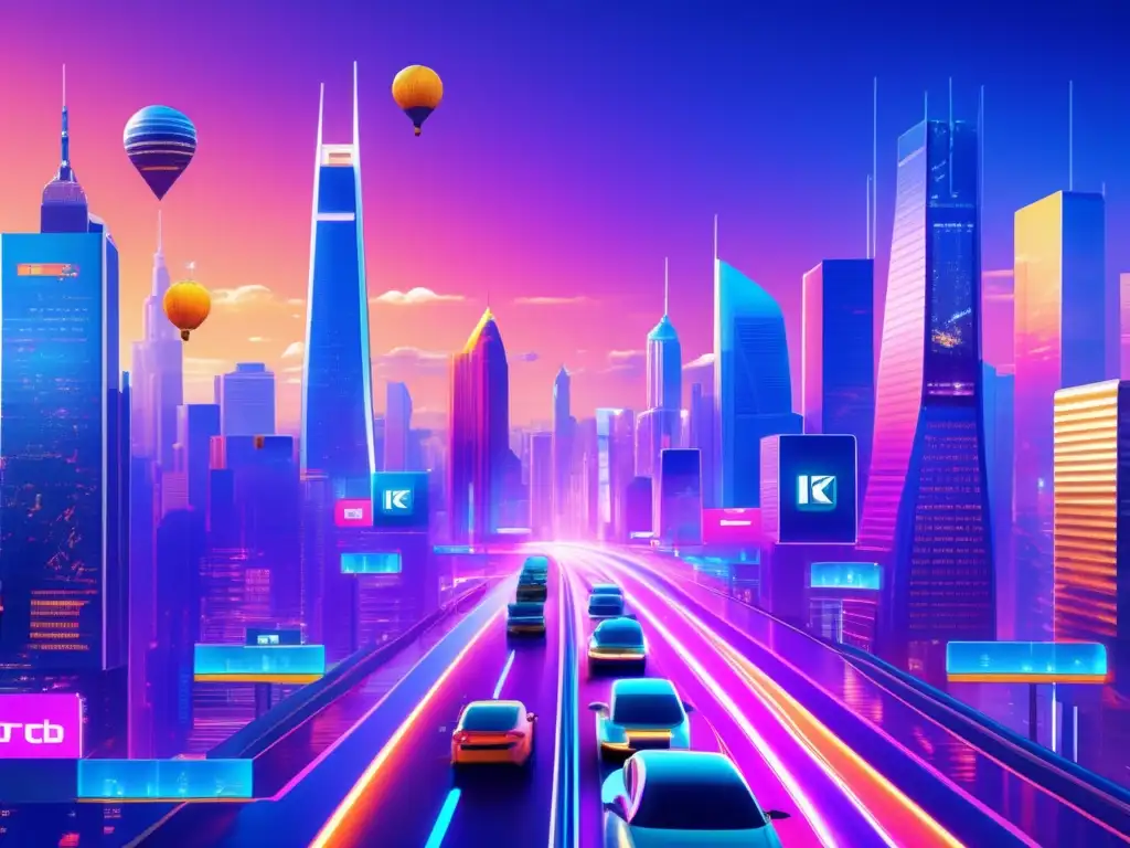 Ciudad futurista con rascacielos de cristal y self-driving cars Ciudad futurista con rascacielos de vidrio y acero, billboards digitales y autos autónomos