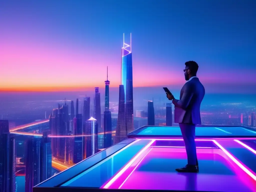 Ciudad futurista: tecnología y finanzas Ciudad futurista con rascacielos de vidrio y acero, luces de neón, tecnología y finanzas descentralizadas