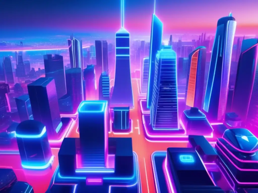 Ciudad virtual futurista en la red Tron Ciudad futurista en la red Tron: entretenimiento descentralizado con rascacielos, luz neón y avatares digitales en motos luminosas