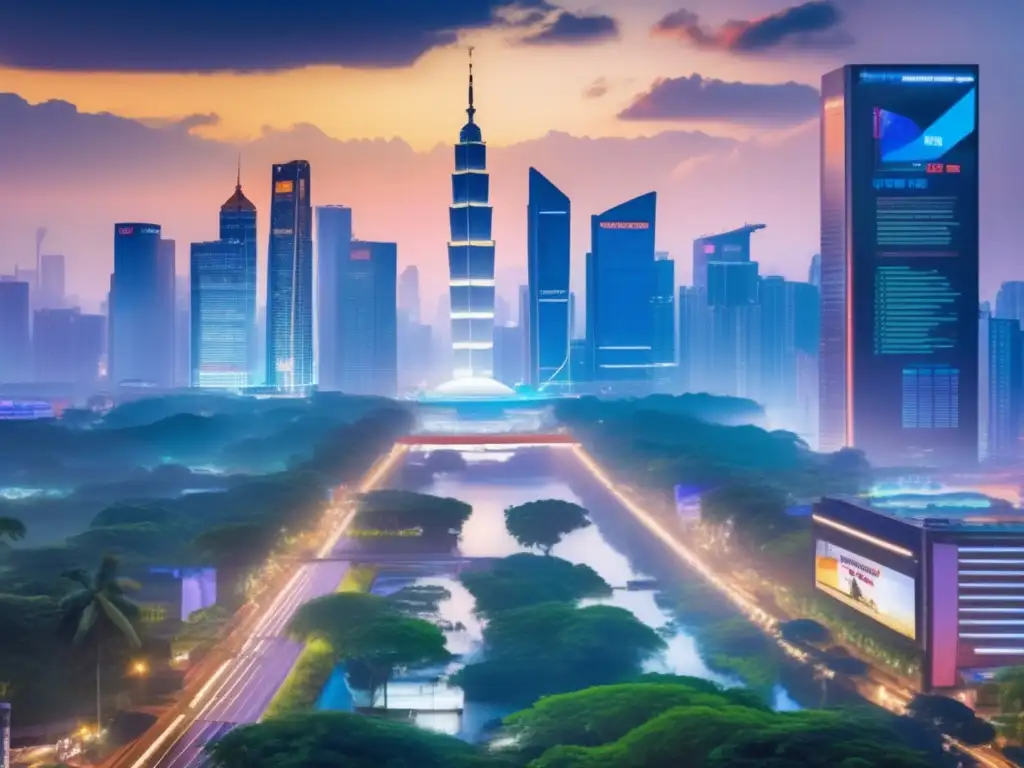 Futuro de política y mercados emergentes Ciudad futurista que muestra la relación entre política y mercados emergentes en un paisaje nocturno con rascacielos, gráficos bursátiles y personas en traje de negocios