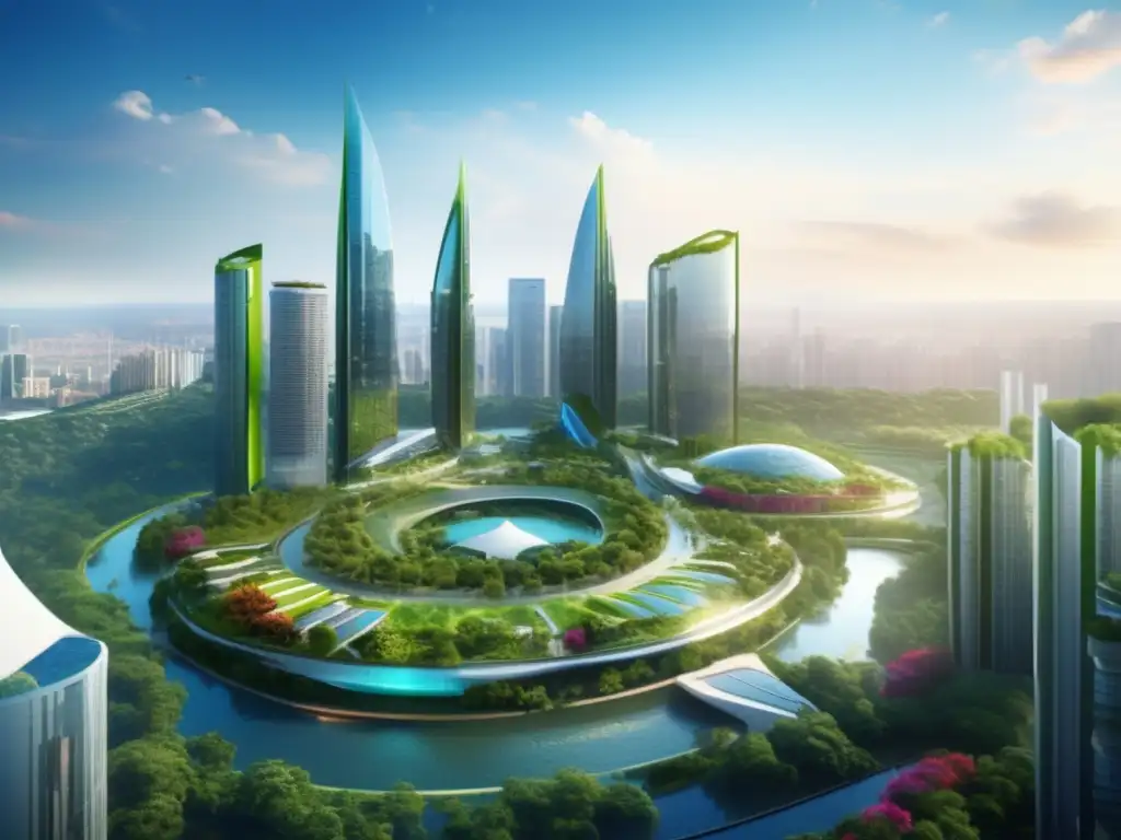 Ciudad futurista con arquitectura verde Ciudad futurista rodeada de naturaleza: Inversiones responsables ESG, educación financiera