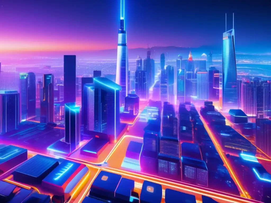 Futurista metrópolis nocturna con rascacielos y luces neón Ciudad futurista con seguridad de datos en Blockchain