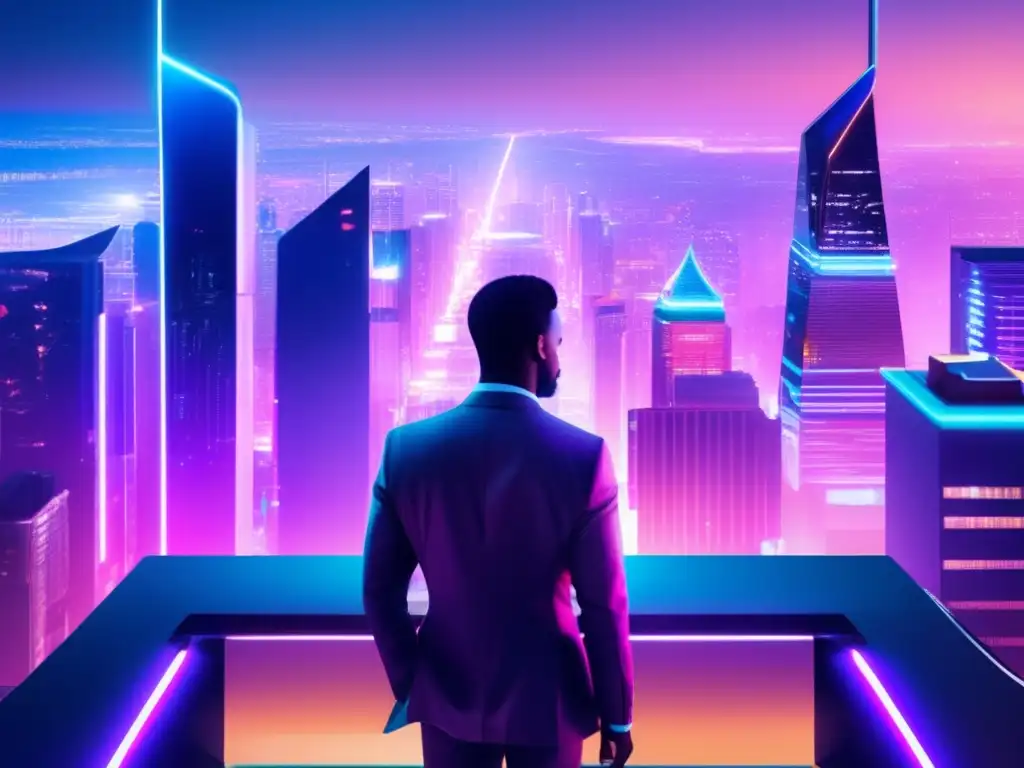 Ciudad futurista con rascacielos de vidrio y acero Ciudad futurista y sofisticada en la noche, con rascacielos de cristal y acero iluminados por luces neón