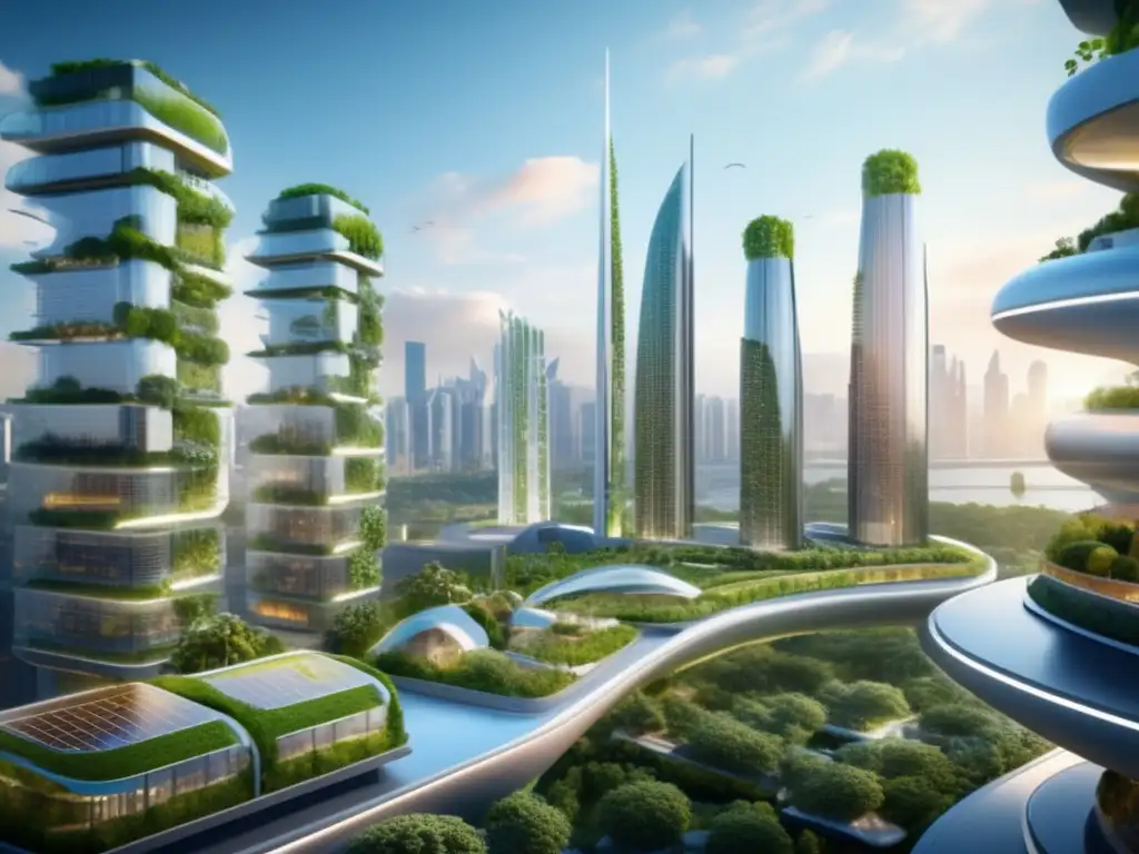 Futurista ciudad sostenible Una ciudad futurista sostenible con arquitectura elegante y energías renovables