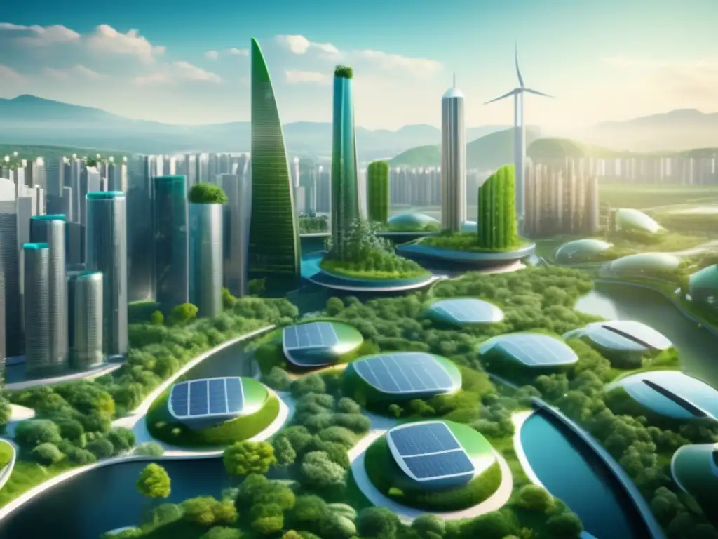 Ciudad futurista sostenible con rascacielos verdes Una ciudad futurista sostenible con rascacielos modernos y verdes, simbolizando la inversión socialmente responsable