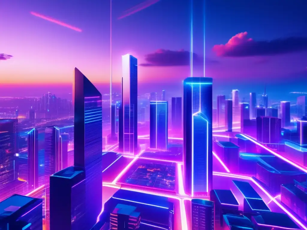 Futurista ciudad blockchain tech Ciudad futurista con tecnología Blockchain: beneficios de inversión inmobiliaria