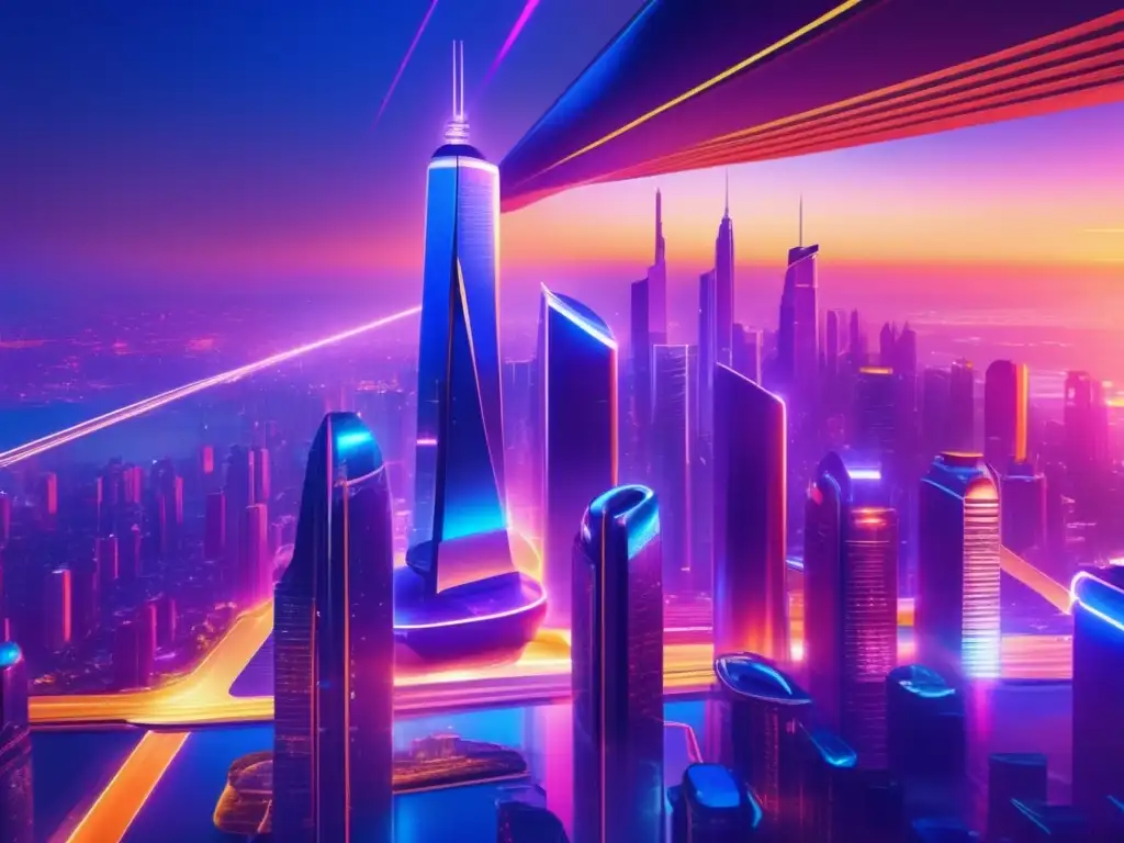 Futurista ciudad con rascacielos iluminados Ciudad futurista de tecnología y emoción con rascacielos de vidrio y acero, iluminada por luces de neón y vehículos voladores