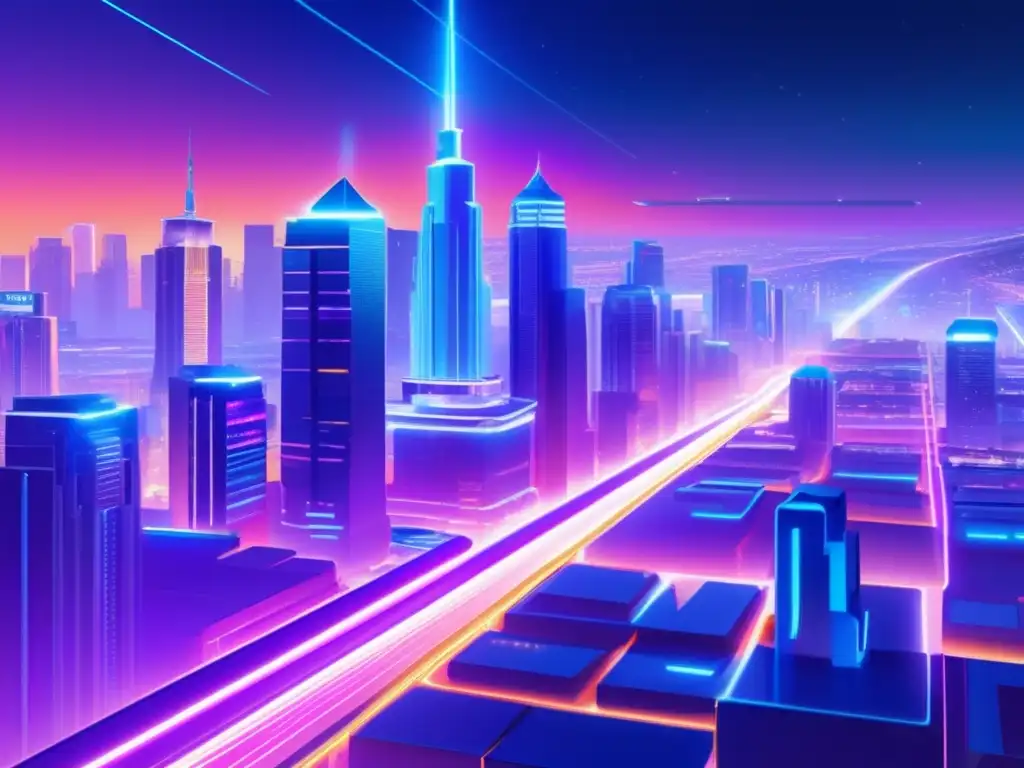 Ciudad futurista iluminada por luces neón Ciudad futurista con transacciones seguras: Ventajas de Zcash en transacciones seguras