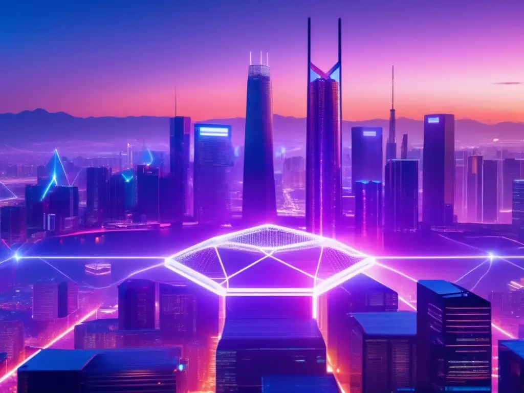 Ciudad futurista con blockchain y criptomonedas Ciudad futurista con valor intrínseco de criptoactivos en blockchain