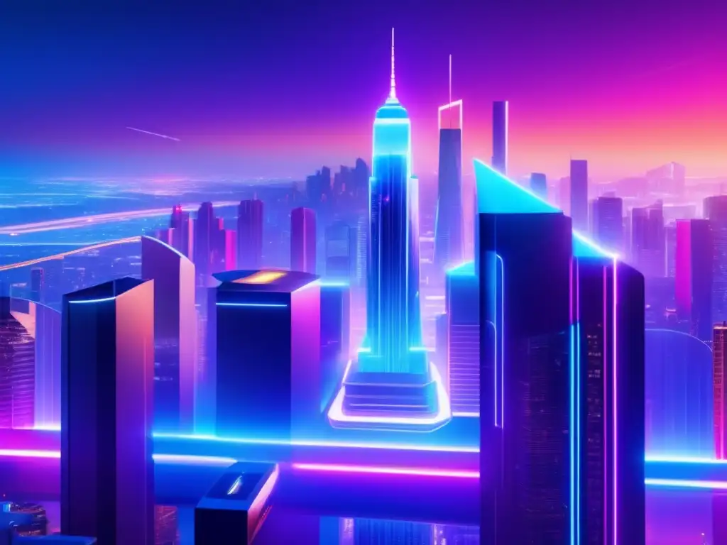 Ciudad futurista con rascacielos y luces neon Una ciudad futurista y vibrante iluminada por luces de neón, reflejada en rascacielos ultradetallados