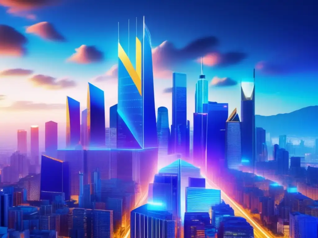 Ciudad futurista de Fintech y criptomonedas Ciudad futurista y vibrante de la revolución financiera digital y cursos fintech