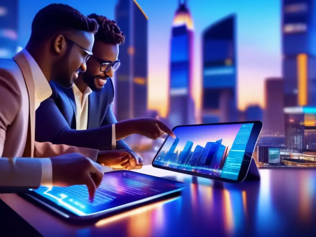 Ciudad moderna con microfinanzas Ciudad iluminada, arquitectura moderna y personas en microfinanzas: crecimiento y potencial