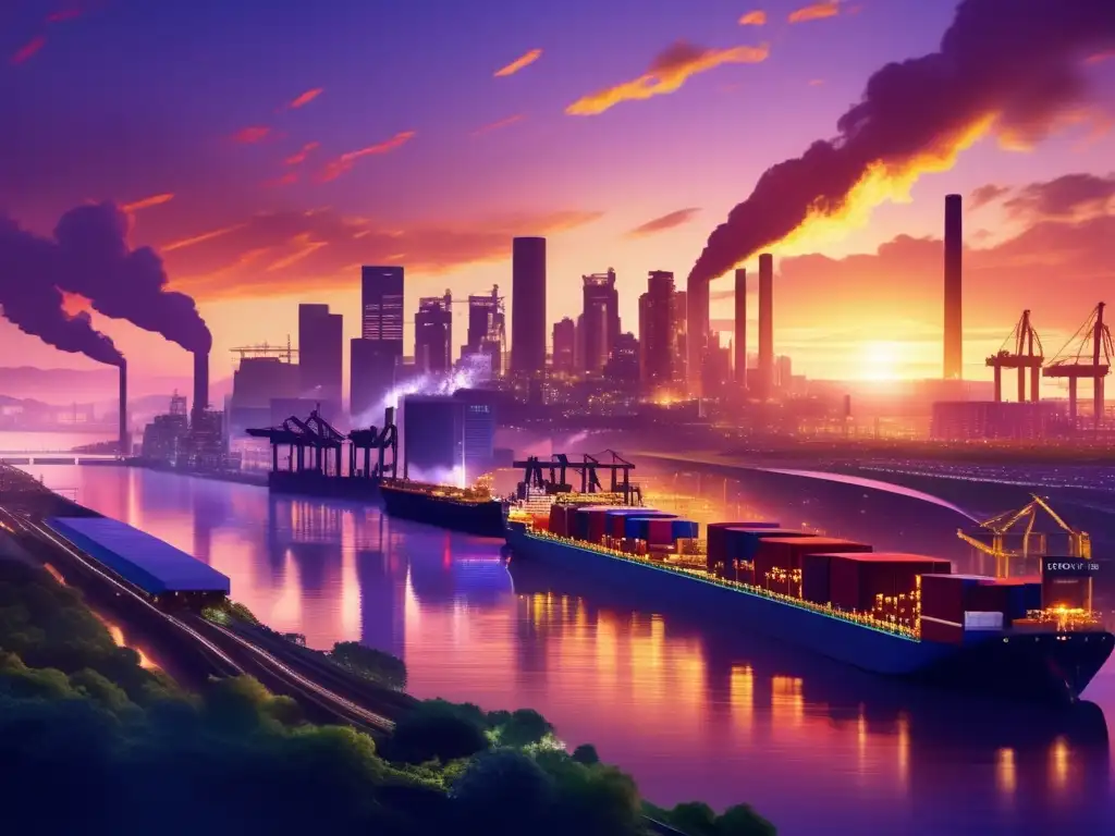 Impacto global de los materiales en la economía Ciudad industrial al atardecer, reflejando el impacto global de las materias primas en la economía