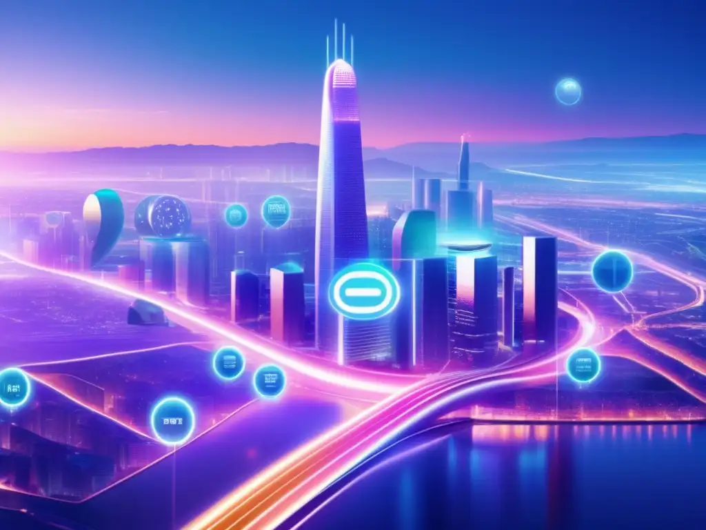 Futuro de IOTA en IoT Inversión en IOTA para el IoT: Una ciudad inteligente futurista que muestra el potencial de IOTA en la revolución del Internet de las Cosas