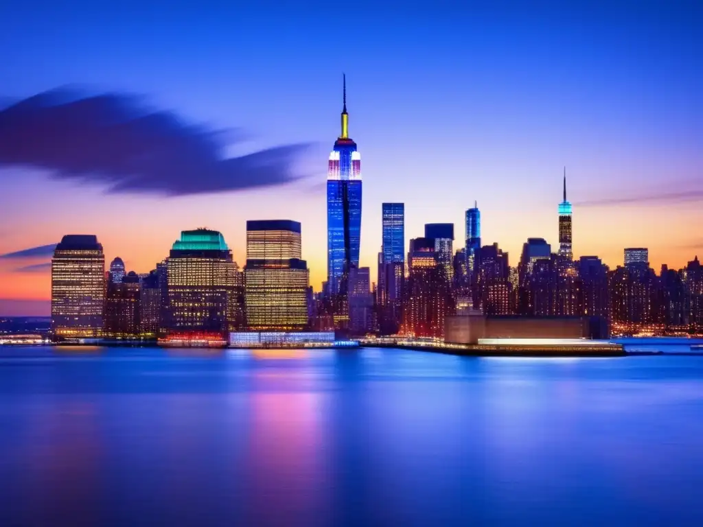 Ciudad nocturna con rascacielos y río Ciudad internacional vibrante con rascacielos, reflejos en el río Hudson y el Empire State - Tratados Fiscales Internacionales Inversiones Extranjero