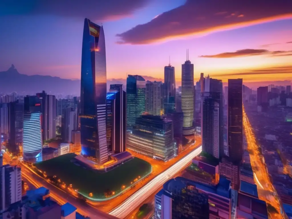 Ciudad latinoamericana al atardecer Ciudad latinoamericana al atardecer, con modernos rascacielos y vibrante callejón financiero