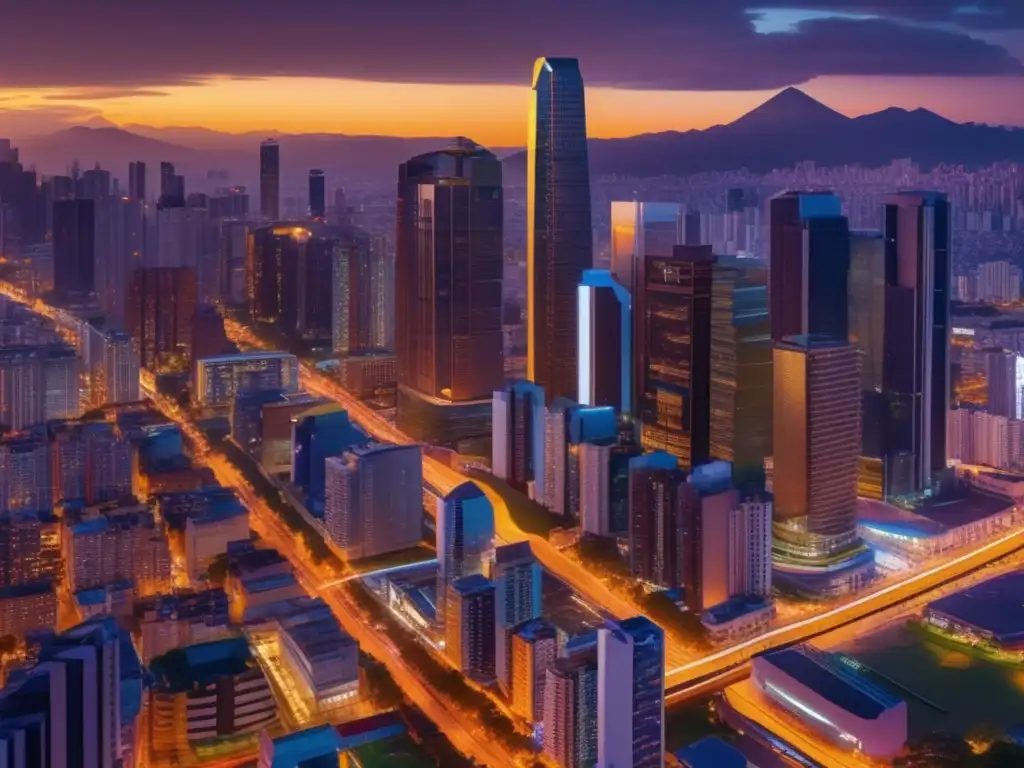 Metrópolis latinoamericana al atardecer Ciudad latinoamericana con rascacielos, negocios y criptomonedas