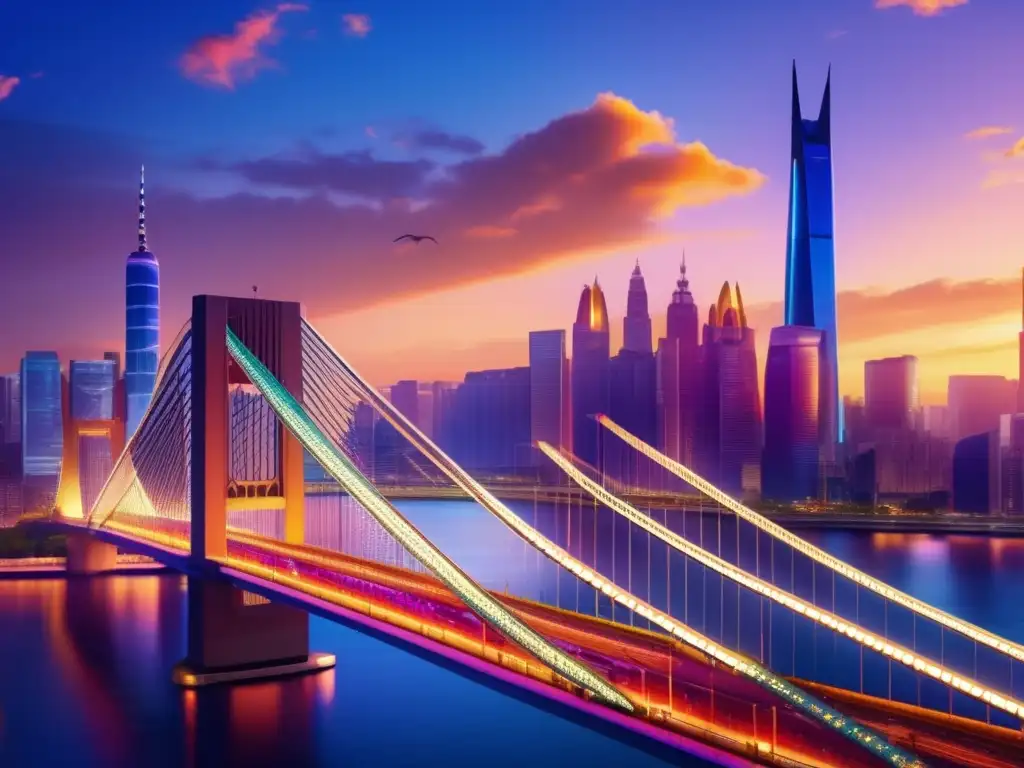 Puente cultural que une tradición y modernidad Ciudad atardeciendo con majestuoso puente que simboliza la conexión cultural y comprendiendo diferencias interculturales en inversiones