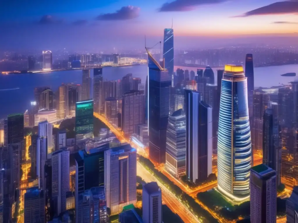 Ciudad moderna al atardecer Ciudad de mercados emergentes: Diversificación global con energía y crecimiento