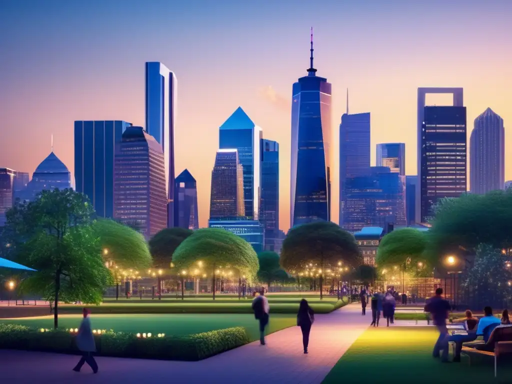 Ciudad moderna con arquitectura vibrante Ciudad moderna al atardecer con armonía de finanzas personales y bienes raíces