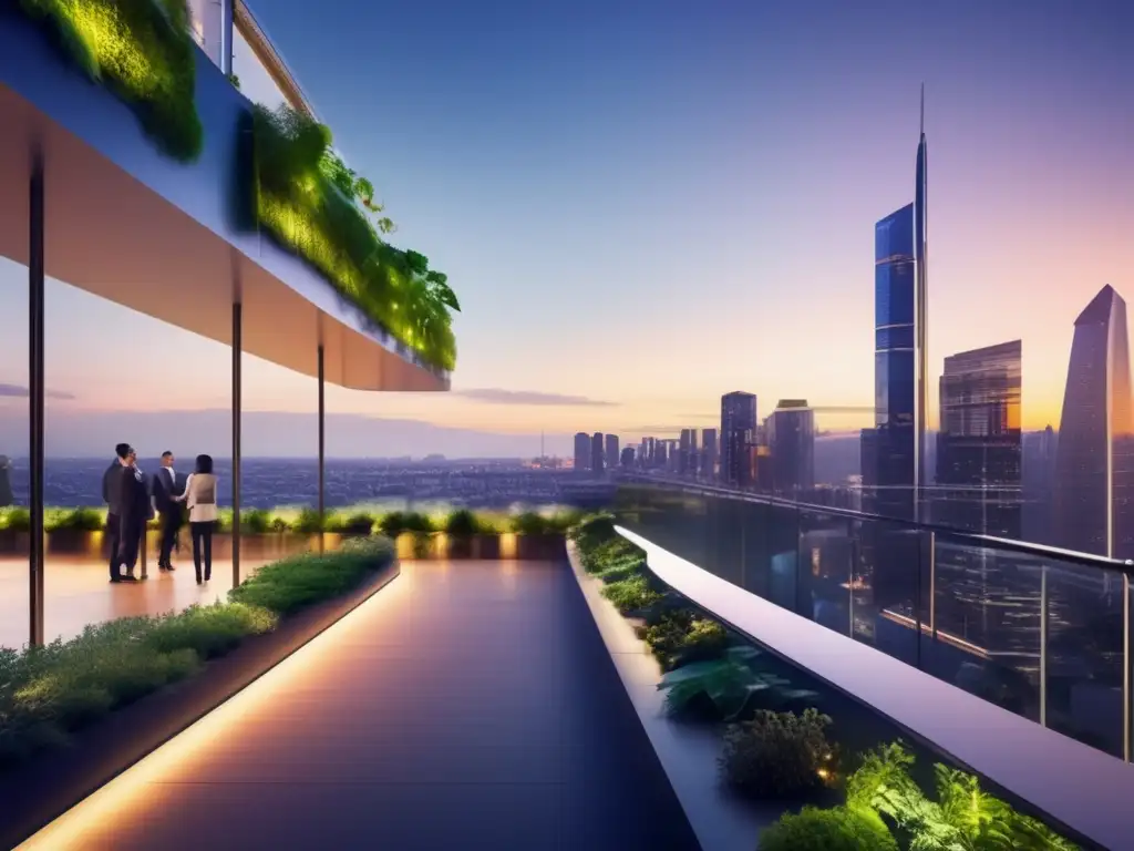 Ciudad moderna con arquitectura verde y ética Ciudad moderna al atardecer con arquitectura futurista, vegetación y profesionales discutiendo inversión ética y responsabilidad social