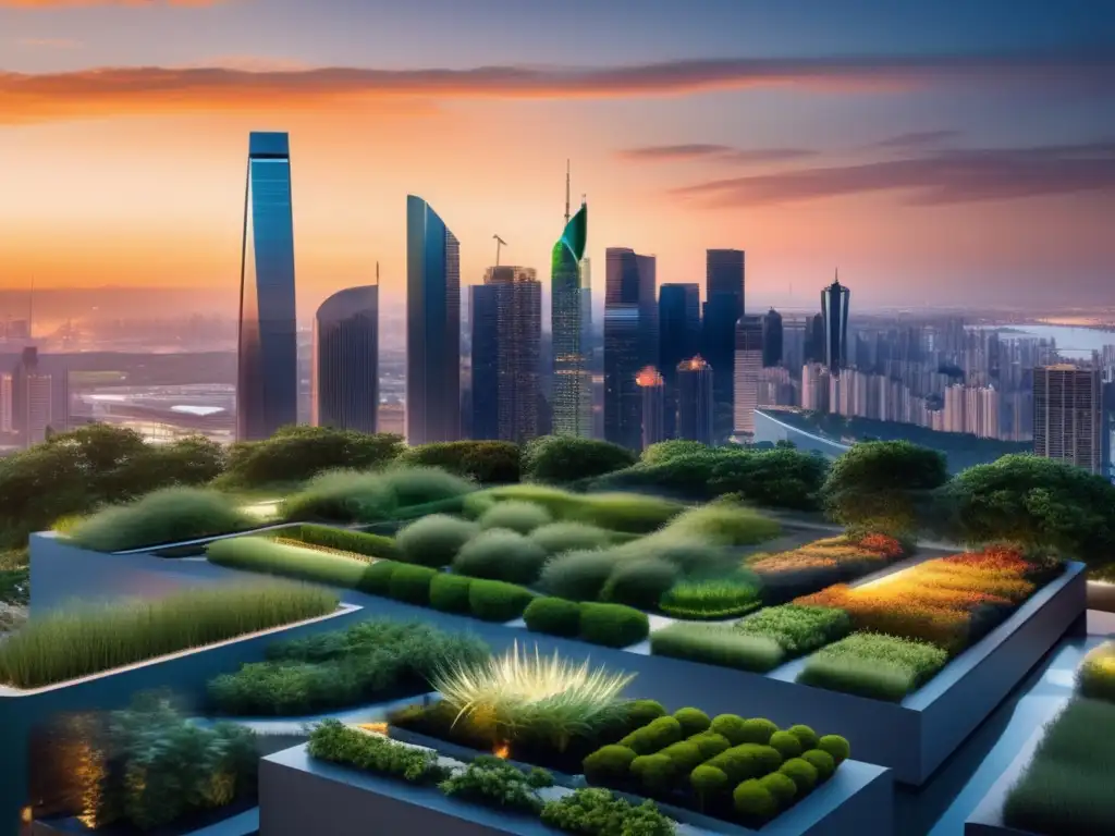 Ciudad moderna con rascacielos y jardines verticales Ciudad moderna al atardecer reflejando bonos verdes