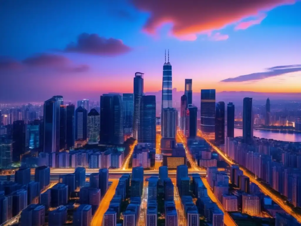 Ciudad moderna: Mantén la calma y toma decisiones informadas Ciudad moderna al atardecer, simbolizando